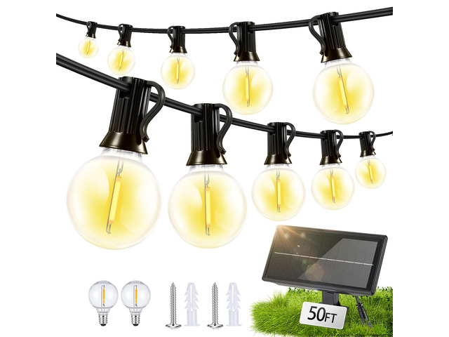Solar Lights Outdoor Waterproof: G40 15M 50FT Shatterproof Bulbs Patio Lights - Solar Powered 3 Light Modes Solar Light - Camping Backyard Garden...