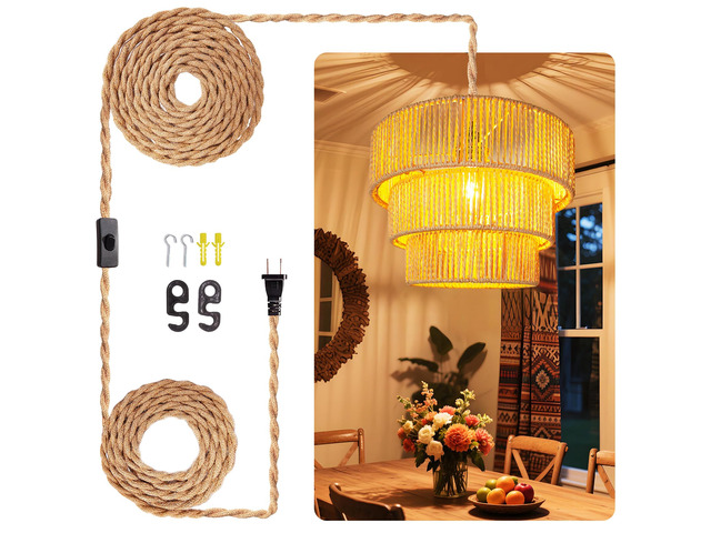 Rattan Pendant Light Hanging Lamps - 16.4ft Plug in Cord Hanging Light Fixture Plug Into Wall Outlet Pendant Lighting with On Off Switch for...