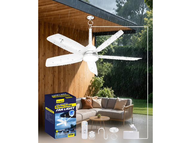 Outdoor Gazebo Ceiling Fan with Light and Remote, 36 Inch, White Plug-In, IP65 Waterproof, Hanging with Hook, 6 Speed, Reversible, 3CCT, Dimmable,...