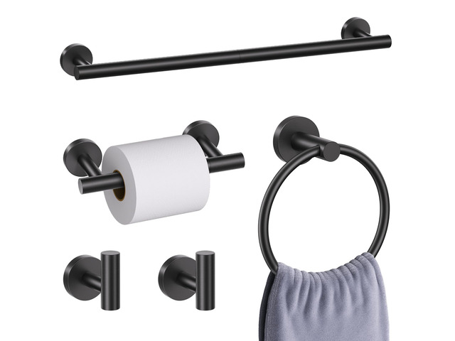 5 Pieces Matte Black Bathroom Hardware Accessories Set, Bathroom 23.6 Inch Towel Bar Set Stainless Steel Toilet Paper Holder Round Towel Racks for...