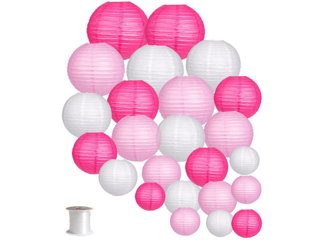 24pcs Hanging Round Paper Lanterns Pink Party Decorations Paper Lanterns Party Decorations for Wedding, Baby Showers, Bridal Shower, Girls Birthday...