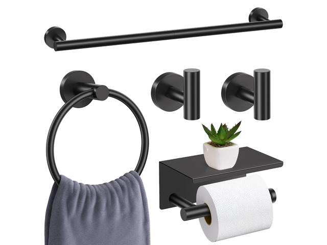 Matte Black Bathroom Hardware Set, 5 Pieces Black Towel Bar Bathroom Accessories Set, Upgraded Toilet Paper Holder with Shelf, 23.6 Inch Towel Rack...