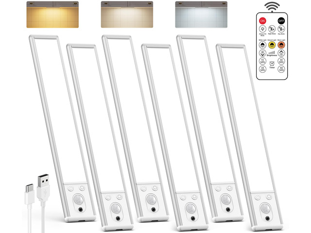 10inch Under Cabinet Lighting Wireless 6 Pack, 2200mAh Rechargeable Battery Operated Motion Sensor Light Indoor, Closet Lights with Remote,...
