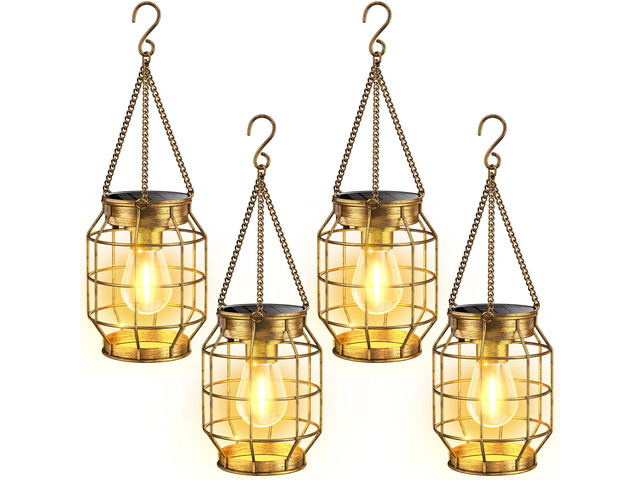 Solar Lanterns Outdoor Waterproof, Metal Hanging Solar Lights 4 Pack Upgraded Solar Lights Outdoor Decorative, Bright Solar Hanging Lanterns for...