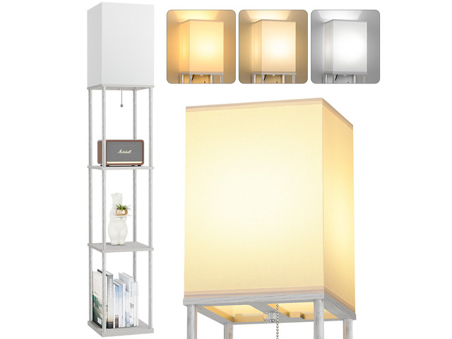 Floor Lamp with Shelves, 3-Tier Square Bookshelf Standing Lamp Dark Grey 3 Color Temperature Bulb Included, Pull Chain Tall Lamp for Living Room...