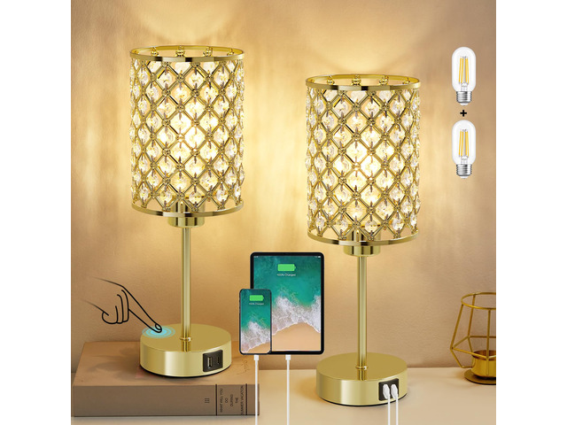 Gold Crystal Bedside Table Lamps Set of 2 with USB C+A Ports 3-Way Dimmable & Touch Control Small Lamps for Bedroom, Living Room, Girls Room, Night...