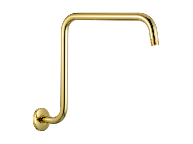 Shower Head Extension Arm 16 in, Height 12 in S Shaped High Rise Extender with Flange Shower Head Pipe Arm, Bright Gold