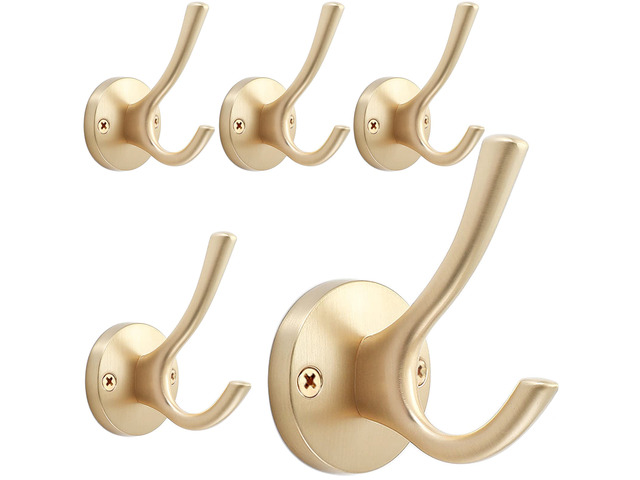 Gold Wall Hooks, 5 Pack Coat Robe Hook Heavy Duty Metal Double Bath Hook Wall Mounted, Hand Towel Hooks for Cubicle Bathroom Kitchen Closet Garage