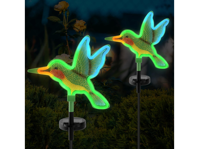Solar Hummingbird Garden Lights 2 Pack, Colorful Neon Glow LED Solar Stake Lights, Waterproof Outdoor Decorative Landscape Lighting for Yard,...