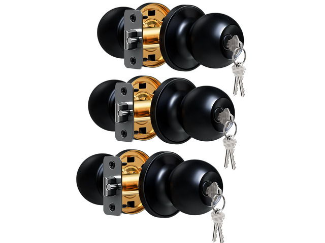 3 Pack Keyed Alike Entry Door Knobs with Lock & Keys, Matte Black Heavy-Duty, Rustproof, Interior & Exterior, Scratch-Resistant, ANSI Grade 3, 250K...