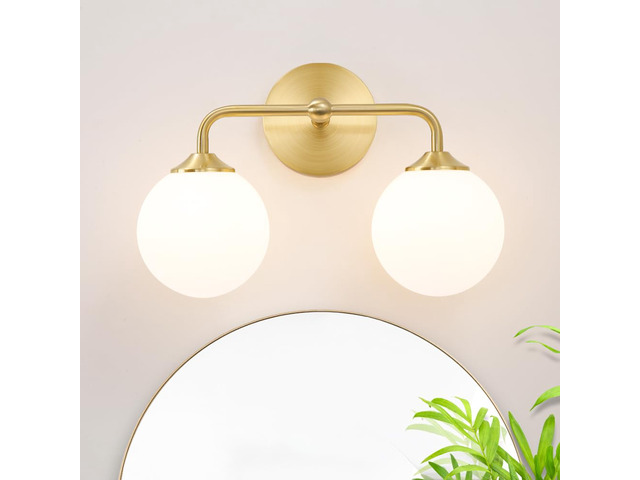 Modern Gold 2-Lights Bathroom Light Fixtures, Brass Vanity Light with Milky White Globe Glass Shade, Elegant Vanity Light Fixtures over Mirror,...