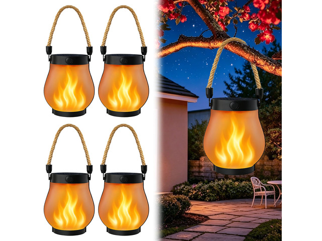 4 Pack Solar Lanterns Outdoor Waterproof, Solar Flame Lanterns with 2 Modes Ultra-Real Flame, USB/Solar Charging, IP65 Waterproof, Hanging/Table...