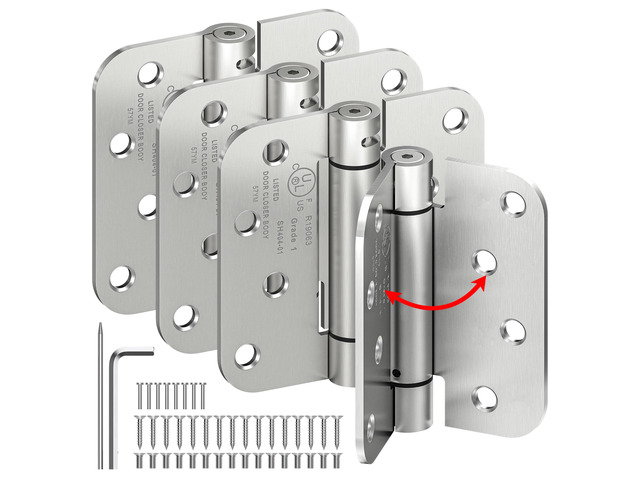 4-Pack 4 Inch Self Closing Door Hinges,5/8' Radius Corners,Brushed Nickel Auto Spring Loaded Door Hinges, Adjustable Tension for Exterior,Garage,...