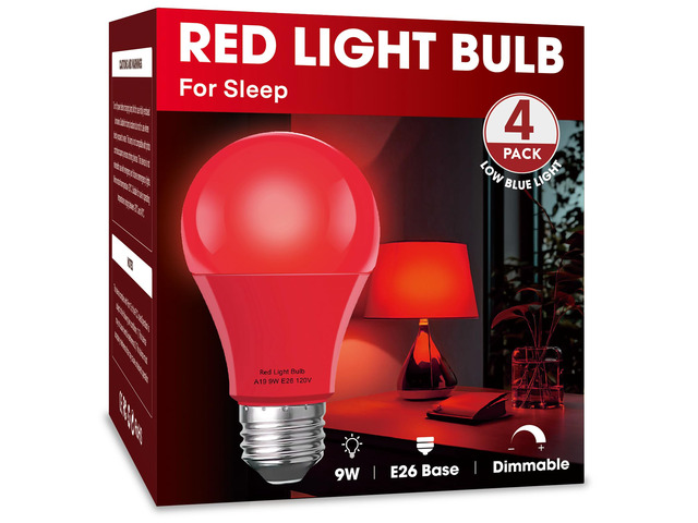Red Sleep Light Bulb 4 Pack Dimmable A19 9W Red Light Bulbs Red Bulbs Equivalent to 60W,for Healthy Sleep,Blue Light Blocking,E26 Base for Bedroom,...