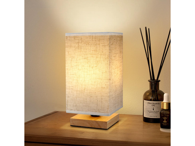 Small Square Bedside Table Lamp for Bedroom, Minimalist Wood Base & Round Fabric Shade, Mini Cute Cozy Warm Nightstand Boho Lamp, Study Desk Night...