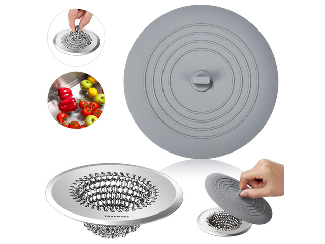 Kitchen Sink Drain Strainer & Sink Stopper, Revolutionary Stainless Steel Drain Plug Combo, Anti-Clog Garbage Strainer Basket for US Standard...