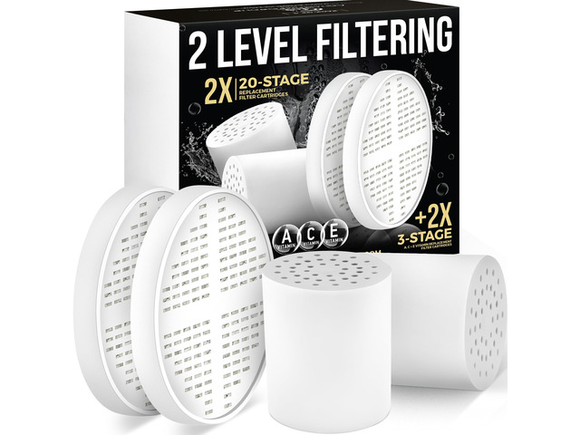 20-Stage + Vitamin C E A Cartridge Bundle, 2-Pack, No Housing shower filter cartridge KDF, Vitamin C E A, reduces chlorine heavy metals sediment