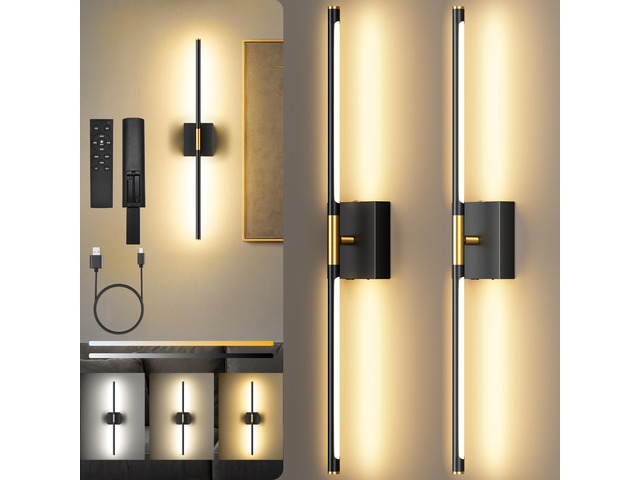 10000mAh Battery Operated Wall Sconces Set of 2, Black Gold-29Inch 3CCT, Renter Friendly, Rechargeable, Remote, 360° Rotate, Dimmable, Cordless...