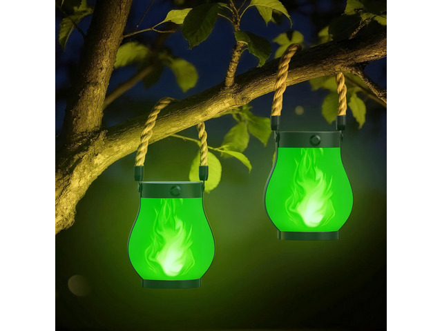 Gen2 Solar Lanterns Outdoor Waterproof with Ultra-Real Flame Green USB/Solar Charging & 2-Mode, Waterproof Decorative Hanging/Table Light for...