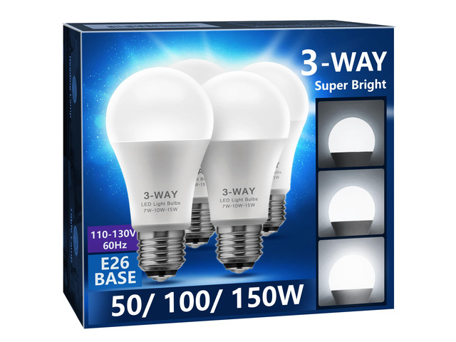 3 Way LED Light Bulbs 4 Pack Daylight White 3000K 50/100/150 Watt A19 3 Way Light Bulbs E26 Base, Three Way Light Bulbs Indoor 3-Way Light Bulbs...