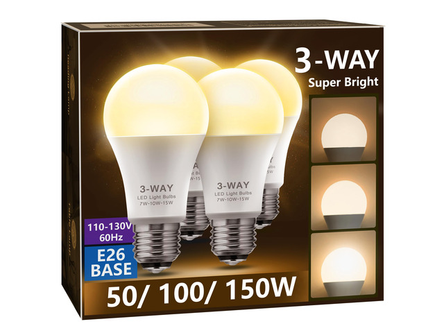 3 Way LED Light Bulbs 4 Pack Soft White 3000K 50/100/150 Watt A19 3 Way Light Bulbs, Three Way Light Bulbs, E26 Base 3-Way Light for Indoor Light...