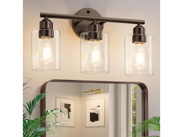 3-Light Bathroom Vanity Light, Clear Glass & Brown,17.3' Modern Wall Lamp, For Mirror