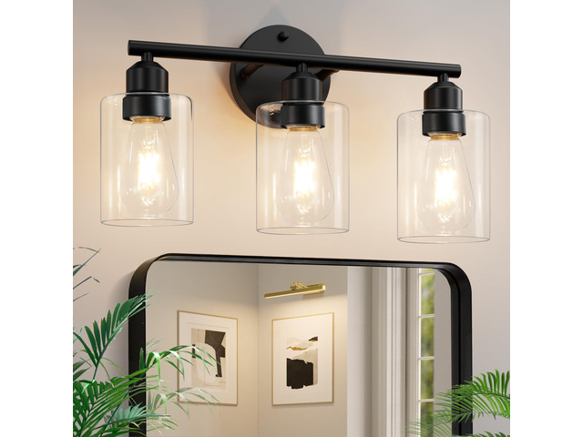 3-Light Black Modern Bathroom Vanity Light Fixtures, 17.3' Glass Shade, For Bathroom Mirror, Kitchen, Living Room, Bath, Metal