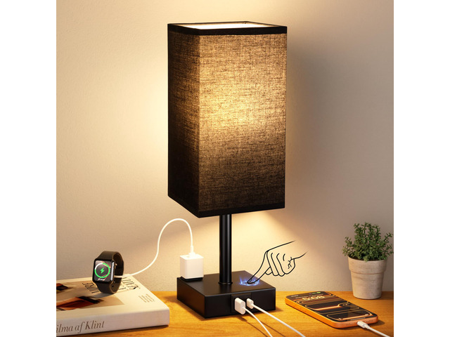 3000K Black Table Lamp for Bedroom - Dimmable Touch, USB C+A, AC Outlet 3-Way Dimming, 3000K Warm White Bulb Included, Nightstand Lamp with Square...