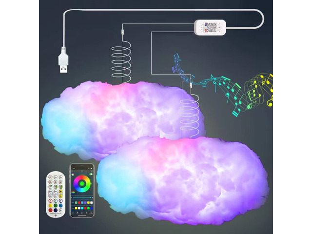 2PCS 3D Big Cloud lightning Light Kit Music Sync Warm Multicolor lightning Changing Strip Lights 360 Degree Wireless Remote APP NO DIY Coolest...