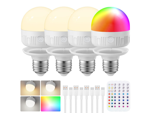 Rechargeable Light Bulbs with Remote, E26, 15 RGB Colors, 600LM, 4 Pack 8W Dimmable Magnetic Battery-Operated Light Bulbs with Timer, 3 Color...