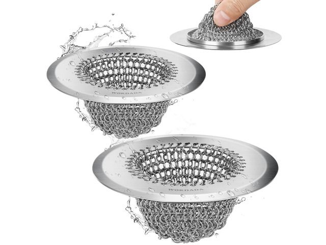 2 Pack Upgraded Sink Drain Strainer, Patented Reversible Chain Mail Mesh Anti-Slip Ring, Fast Drainage, Easy Flip Cleaning, 304 Stainless Steel,...