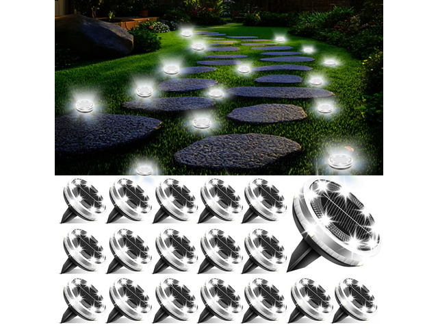 18 Pack Outdoor Solar Ground Lights with 4 Side LightCool White IP65 Waterproof, 12 LED Flat Stainless Steel Solar Powered Garden Lights, Disc...