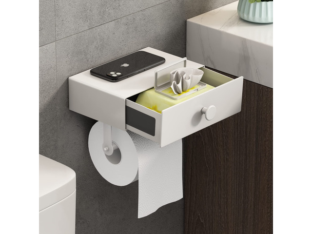 Toilet Paper Holder with Shelf White Wipes Dispenser for Bathroom Toilet Paper Holder with Storage Upgrade Drawer Design Toilet Tissue Holder...