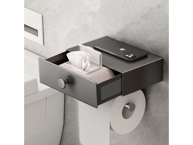 Toilet Paper Holder with Shelf Gray Wipes Dispenser for Bathroom Toilet Paper Holder with Storage Upgrade Drawer Design Toilet Tissue Holder...