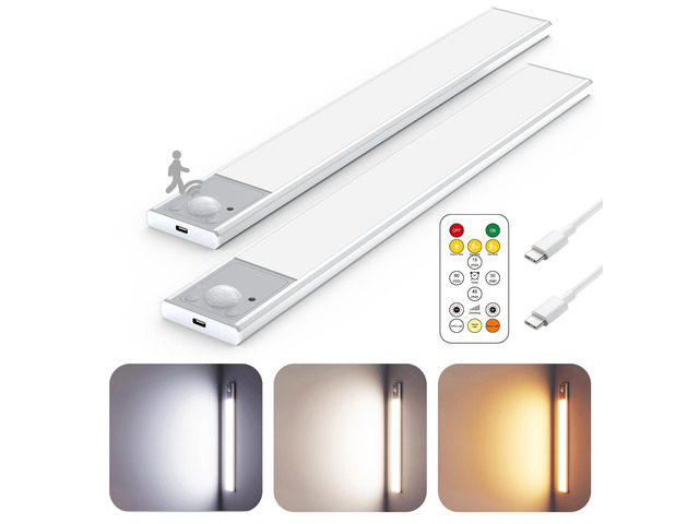 12' Under Cabinet Lighting Wireless, Remote, Motion Sensor, 2Pack, Silver 0.33' Ultra-thin Aluminum Alloy Body, USB-C Rechargeable, 3-Color-Temp,...