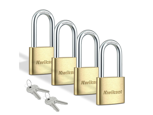 Brass Padlock with Hardened Steel Shackle, 4-Pack Four Brass Locks Open with One Key; 1-9/16 in Body with 1-1/2 in Shackle for Cabinets and Sheds