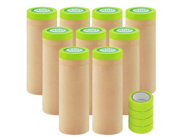 9 Rolls Pre-Taped Masking Paper for Painting and 4 Rolls Masking Tape Set -18 inch x 50 feet Tape and Drape for Painting, Painters Paper for...
