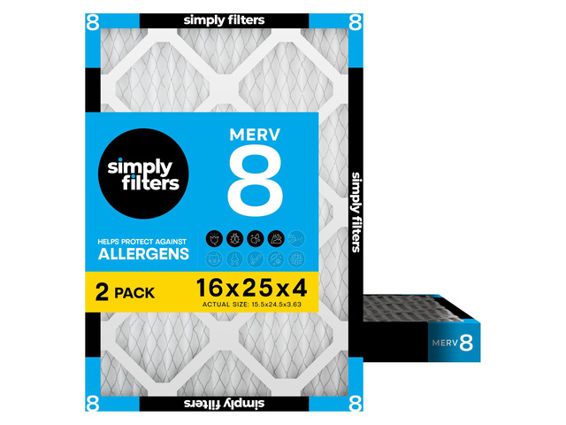 16x25x4 Air Filter MERV 8, 2 Pack, For Home AC Furnace & HVAC (Actual Size: 15.5'x24.5'x3.63') DUST Pet & Allergy Control