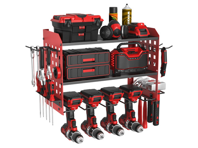 Power Tool Organizer, Wall Mount Garage Tools Storage Rack, Red Metal Tool Storage Rack with 4 Drill Holders, Heavy Duty Power Tool Shelf for...