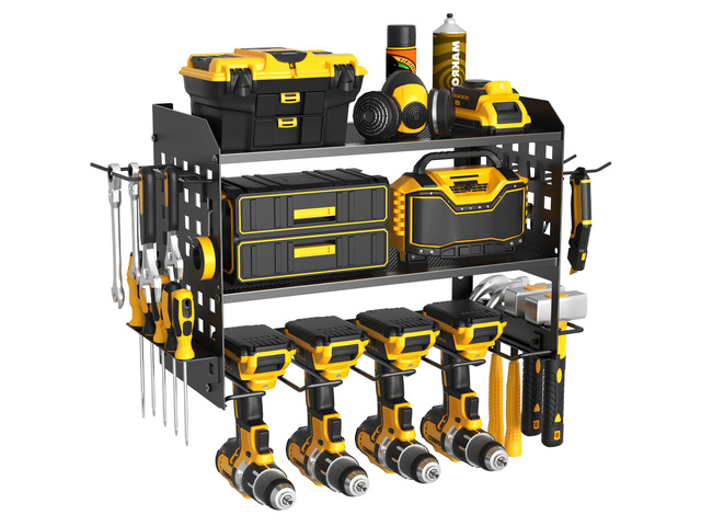 Power Tool Organizer, Wall Mount Garage Tools Storage Rack, Black Metal Tool Storage Rack with 4 Drill Holders, Heavy Duty Power Tool Shelf for...