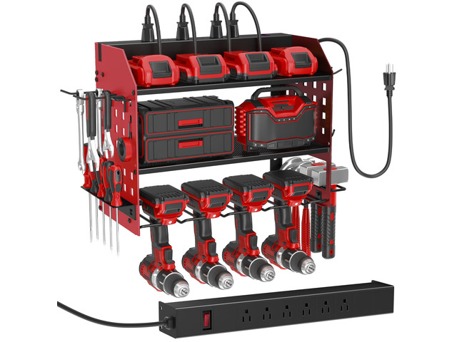 Power Tool Organizer Wall Mount with Charging Station,3 Layer, Red Metal Tool Storage Rack with 4 Drill Holders, Heavy Duty Power Tool Shelf for...