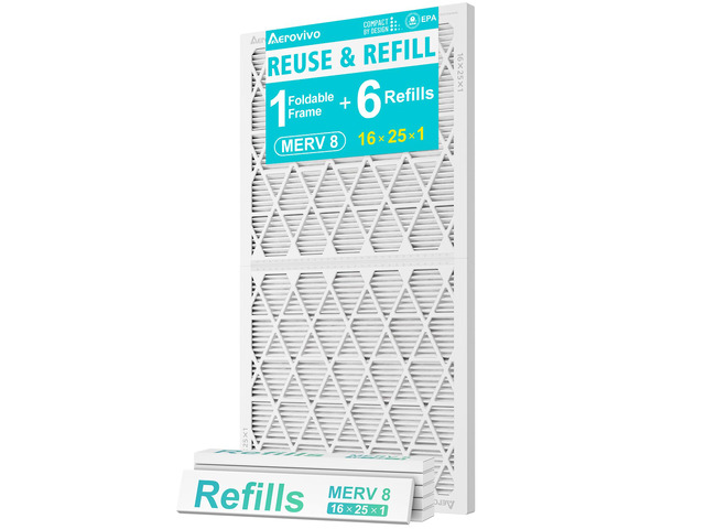 Refillable 16x25x1 Air Filter MERV 8, Reusable Frame & 6 Refills Lint, Pet Hair & Everyday Particle Control, 30-90 Day Filter for AC, HVAC &...