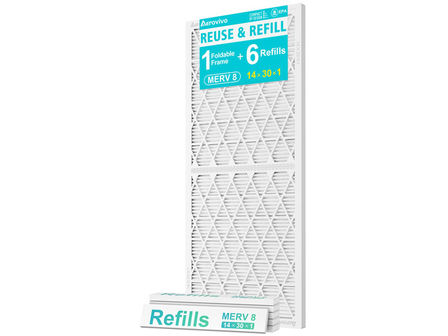 Refillable 14x30x1 Air Filter MERV 8, Reusable Frame & 6 Refills Lint, Pet Hair & Everyday Particle Control, 30-90 Day Filter for AC, HVAC &...