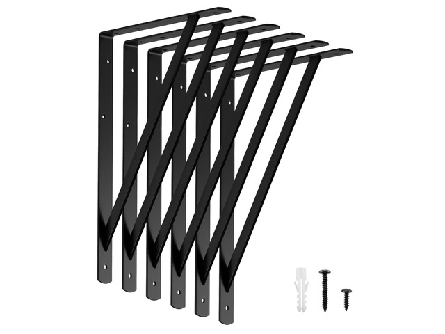16x10 Inch Heavy Duty Shelf Brackets, Black 6 Pack 600lbs Capacity, Reinforced Metal L Supports with Screws, Garage Storage/Workshop...