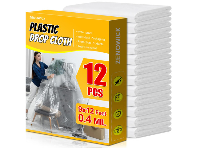 12 Pack Plastic Drop Cloth, 9x12 Ft Plastic Sheeting for Painting Dust-Proof Tear-Resistant Painters Plastics Tarp Cloth for Furniture Floor Sofa...