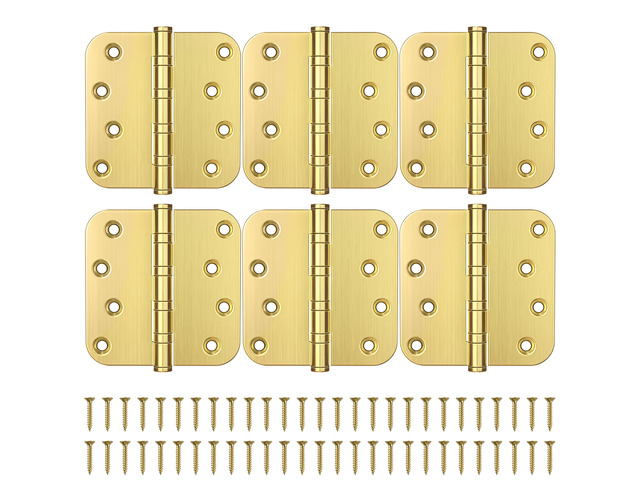 Gold Door Hinges, 4 x 4 Inches, 5/8' Radius Corner,Satin Gold, 6 Pack Ball Bearing, Heavy Duty Stainless Steel, Smooth and Quiet, Non Removable Pin