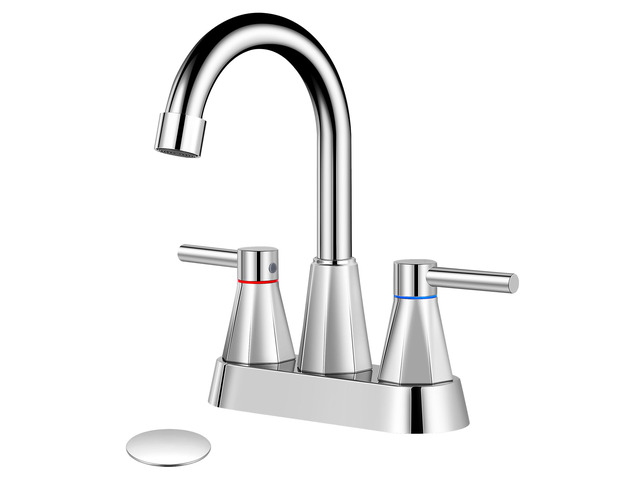 4' Bathroom Sink Faucet, 2-Handle Chrome, Pop-Up Drain Included 360° swivel spout, ceramic cartridge, 20% water-saving aerator, RV ready