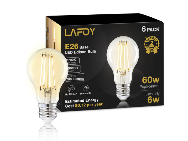 A19 Soft White Edison Bulbs, Dimmable E26 LED 60 Watt Equivalent 6 Pack 2700K warm relaxing vintage light for cozy living rooms. Antique...