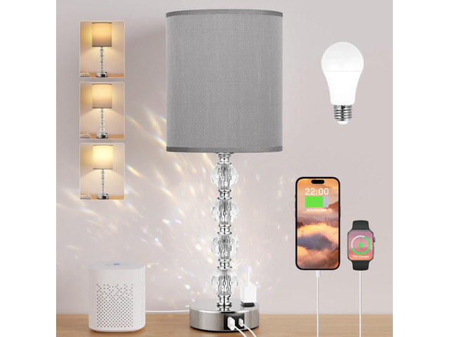 Touch Bedside Crystal Lamps for Bedrooms Nightstand with USB C+A Charging Port and AC Outlet White, 3 Way Dimmable Silver Large End Side Table Lamp...