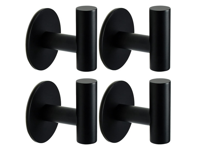 Matte Black Self Adhesive Stainless Steel Towel Hook (4-Pack) SUS304, Self-Adhesive, Heavy Duty, Waterproof, Coat Robe Clothes Wall Hook Holder for...